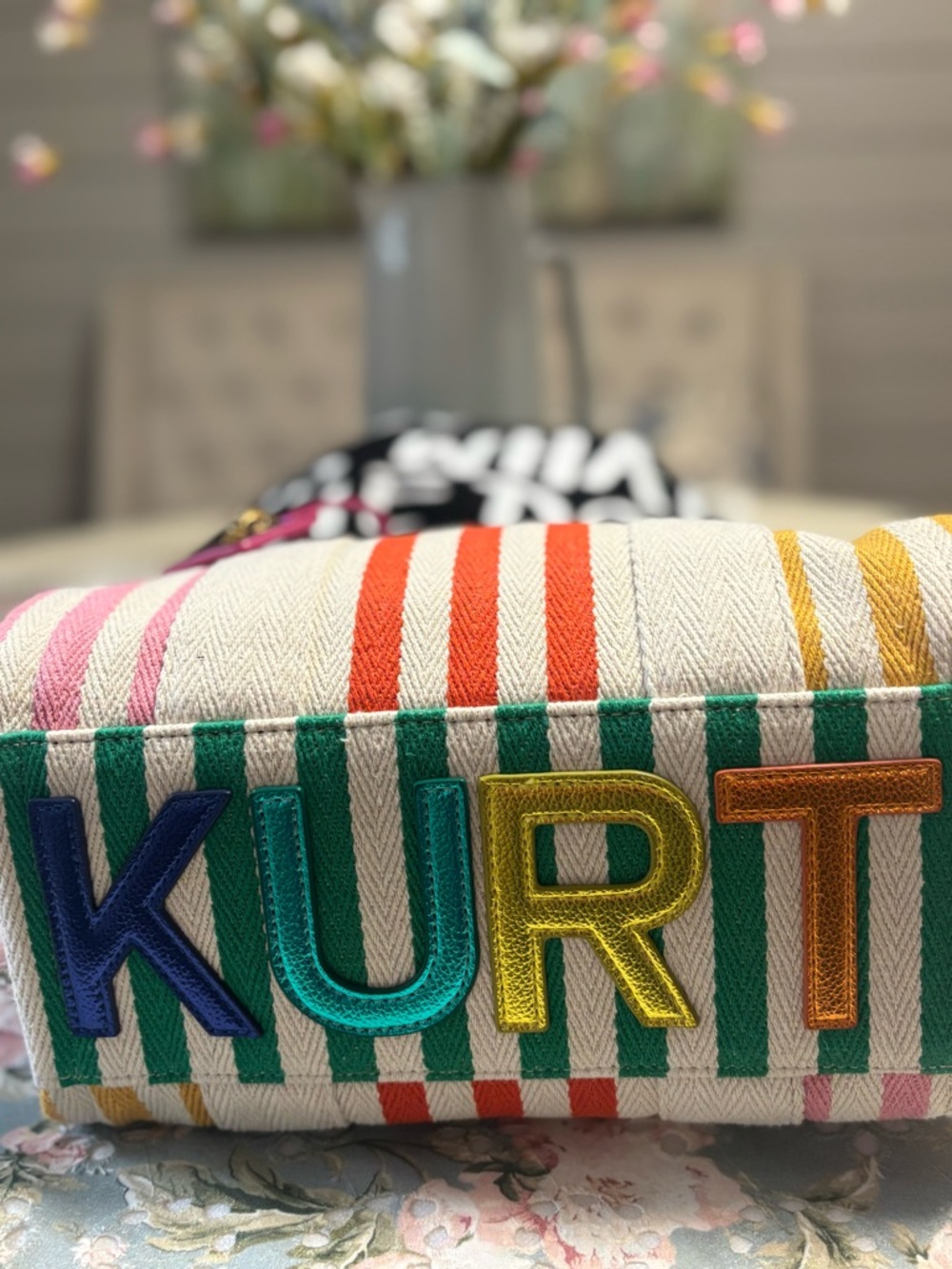 Kurt Geiger Striped Canvas Tote in Pink, Orange, Yellow & Green - Picture 4 of 16